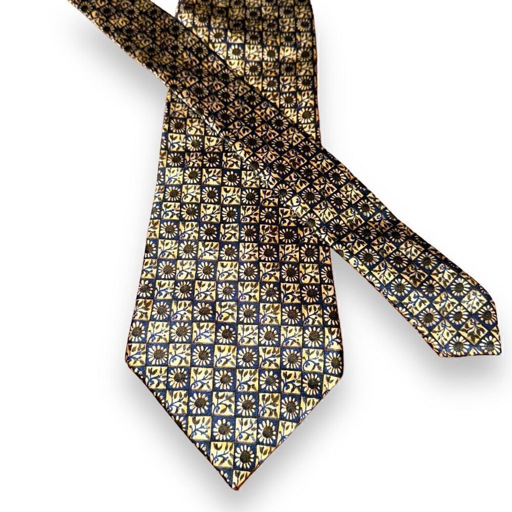 Lanvin Navy & Gold Flower Checkerboard Handmade 100% Silk Tie